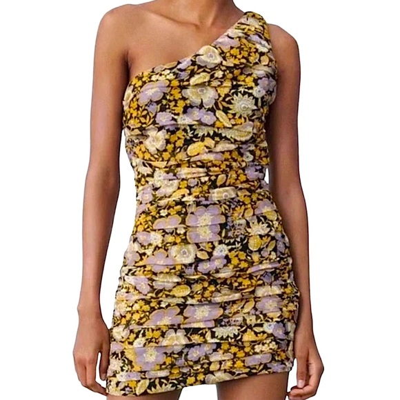 Zara Dress Bodycon Ruched Gold Floral One Shoulder Mini Size Small - Picture 2 of 9